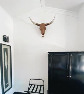 a bull head on the wall next to a chair at Orewa Beachcomber in Orewa