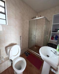 a bathroom with a toilet and a shower and a sink at Kithinji Apartments in Nairobi