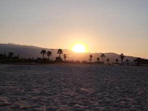 un tramonto sulla spiaggia con palme e montagne di Casa Solaris a SantʼAndrea Apostolo dello Ionio