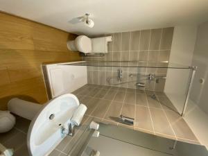 a bathroom with a sink and a glass shower at Hotel Le Central in Boussac