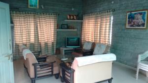 a living room with a couch and chairs and a tv at Vamoose Hampi Homestay Otters Island in Hampi