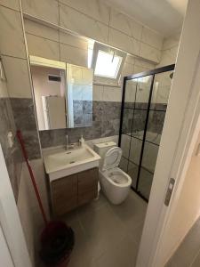 a bathroom with a toilet and a sink and a mirror at Zübeyde Hanım Apartmanı in Erdek