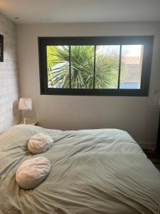 1 cama con 2 almohadas y ventana en Bubble House, en La Rochelle