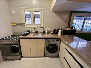 a kitchen with a sink and a washing machine at The Helio Suite Modern 1bdrm in Cairo