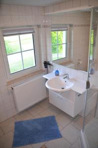 a bathroom with a sink and a shower and a mirror at Ferienhäuser Schneeberger 