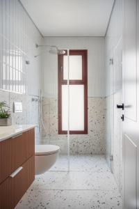 La salle de bains est pourvue de toilettes, d'un lavabo et d'une douche. dans l'établissement GoodHouse 403 - Pretty Flat near Mamilla, à Jérusalem