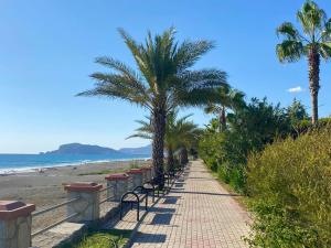 a sidewalk with benches and palm trees on the beach at Kestel Квартира возле моря in Çamyolu