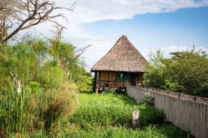 Cabaña pequeña con techo de paja en un campo en Little Okavango Camp Serengeti, A Tent with a View Safaris, en Itonga