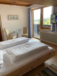 ein Schlafzimmer mit einem Bett und einem großen Fenster in der Unterkunft Gästehaus Lemmerer in Obersdorf