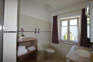 a bathroom with a toilet and a sink and a window at Ferienwohnungen im Bonnschloessl in Bernau am Chiemsee