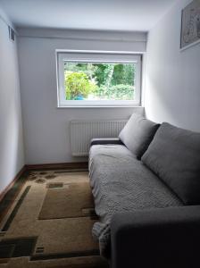 a living room with a couch and a window at Apartament Gosi in Gdynia