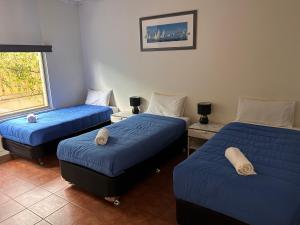 a room with three beds with blue sheets and a window at Jurien Bay Hotel Motel in Jurien Bay
