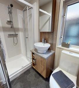 a bathroom with a toilet and a sink and a shower at Presthaven Resort Haven Luxury 2023 Caravan in Prestatyn