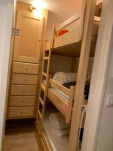 Cette petite chambre comprend des lits superposés et un placard. dans l'établissement Studio la Foux, à Allos