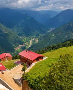 a building with a red roof on top of a hill at Kalispera Apart Otel in Uzungöl