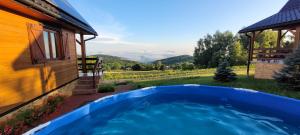 a large blue swimming pool next to a house at Domki Drewniane Królewska Góra in Czarnorzeki