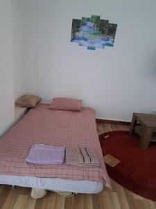 a bed with a pink comforter in a room at Villa Ika in Ploče