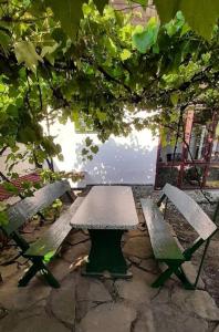 a picnic table and two chairs under a tree at Casa Veronica in Sibiu
