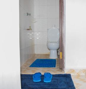 baño con aseo y un par de zapatillas azules en Cool 1 B/Room Thika Road en Nairobi