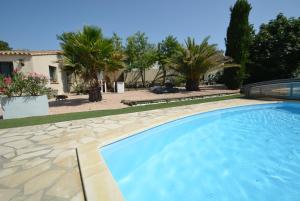 - une piscine en face d'une maison avec des palmiers dans l'établissement Studio au coeur d'un jardin reposant, à Saint-Thibéry
