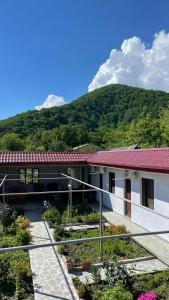 a building with a mountain in the background at DA-JO in Lagodekhi +18 photos