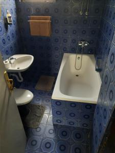 a blue bathroom with a tub and a sink at Čapljina Rooms in Čapljina
