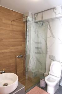 a bathroom with a shower with a toilet and a sink at Imperial Suites Ioannina in Ioannina