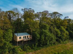 uma vista aérea de uma pequena casa na floresta em RewildThings Treehouses em Gloucester