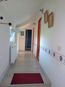 a hallway with white walls and a red rug at Arad Apartment - Cozy Vintage new in Arad