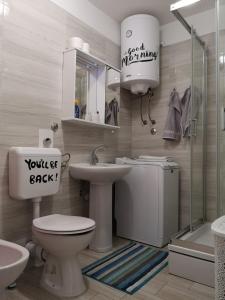 a bathroom with a toilet and a sink and a mirror at TETA NEDA in Omiš