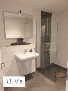 a white bathroom with a sink and a shower at Ferienwohnung Wiehelund - Kleinwiehe in Lindewitt