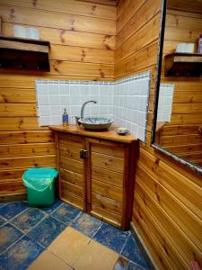 baño con lavabo en una pared de madera en Adventure - חוויה en Amirim