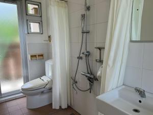 a bathroom with a shower and a toilet and a sink at 青の洞窟 'Blue in Green' 青の洞窟が目の前のコテージ! Ocean view & 満天の星! 広々セミダブルベッド in Ishigaki Island