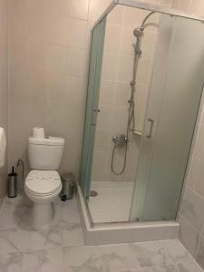 La salle de bains est pourvue de toilettes et d'une douche en verre. dans l'établissement Atlant Hotel, à Oujhorod