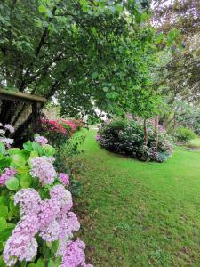 um jardim com flores cor-de-rosa na relva em Chambre de l'Iris em Sainte-Croix-sur-Mer