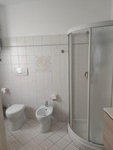 a bathroom with a toilet and a shower and a sink at Ampio monolocale nel cuore di Pesaro in Pesaro