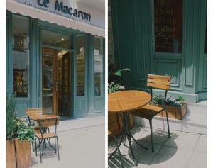 two pictures of a table and chairs outside a store at Le Macaron City Center - Boutique Hotel Đà Lạt in Da Lat