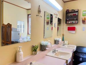 a bathroom with two sinks and a mirror at Pension Alps Hakuba in Hakuba