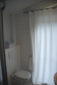 a bathroom with a toilet and a white shower curtain at Das grüne Häusle in Osterholz-Scharmbeck
