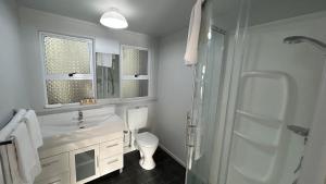 uma casa de banho com um WC, um lavatório e um chuveiro em Butlers Reef Accommodation em Oakura