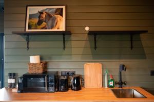 una imagen de un caballo en la pared sobre un microondas en Sleeping with the Horses, en Hvolsvöllur