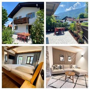 een collage van vier foto's van een huis bij Neu! Ferienhaus Moritz & Josie (zur Alleinnutzung) / Eröffnung 01. Juli 2023 in Ohlstadt