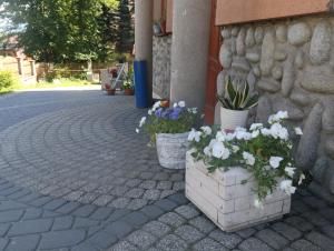 two buckets of flowers sitting outside of a building at Smyrecek-centrum Bukowiny in Bukowina Tatrzańska +87 photos