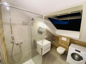 a bathroom with a shower and a toilet and a sink at Friedrichshafen im Grünen genießen in Friedrichshafen +19 photos