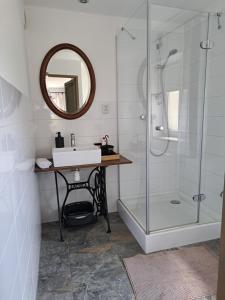 a bathroom with a sink and a shower with a mirror at Podgórska Odskocznia in Sokolec