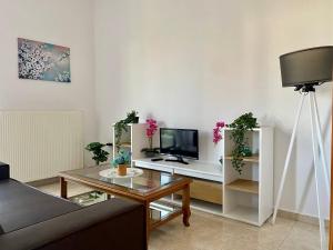 uma sala de estar com uma televisão e uma mesa em Traveller's home em Litochoro