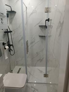 a bathroom with a glass shower with a toilet at Apartman Nodi in Sarajevo