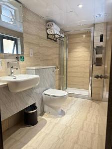 La salle de bains est pourvue de toilettes, d'un lavabo et d'une douche. dans l'établissement Eurotraveller Hotel- Express (Elephant & Castle), à Londres