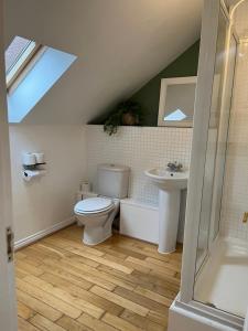 uma casa de banho com um WC e um lavatório em Homely 2 Story Cathedral City Apartment em Durham