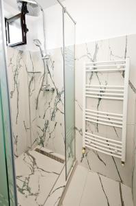 a bathroom with a shower with a glass door at VILA REYNA in Galaţi +17 photos
